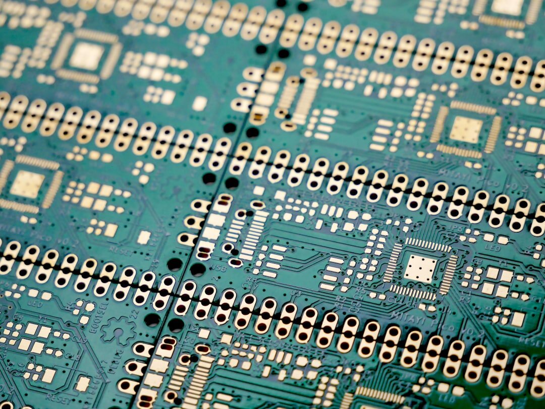 Electronic circuit board with glowing blue components